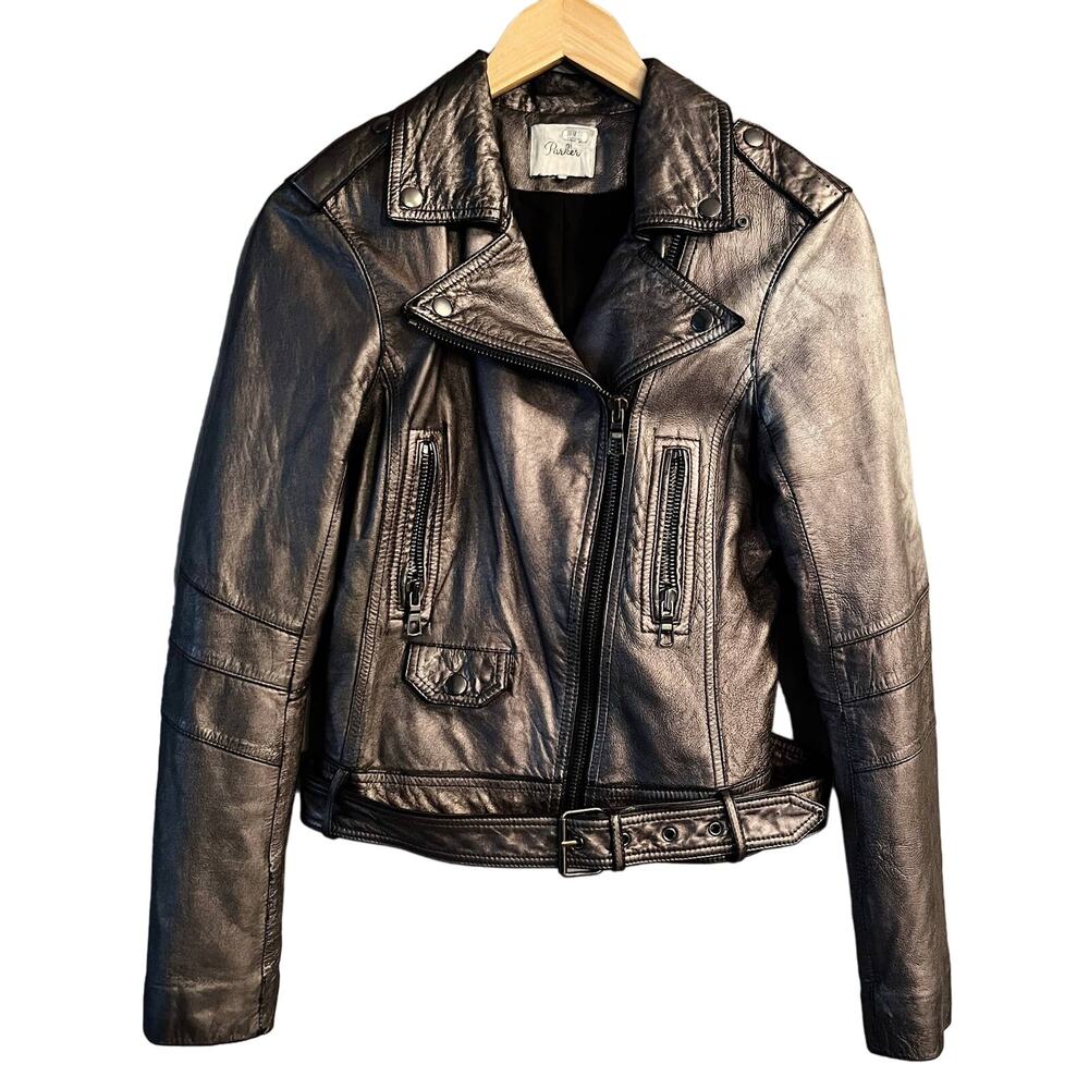 PARKER Moto Metallic Leather Jacket Zipper Collared Pewter Large Fits Small EUC